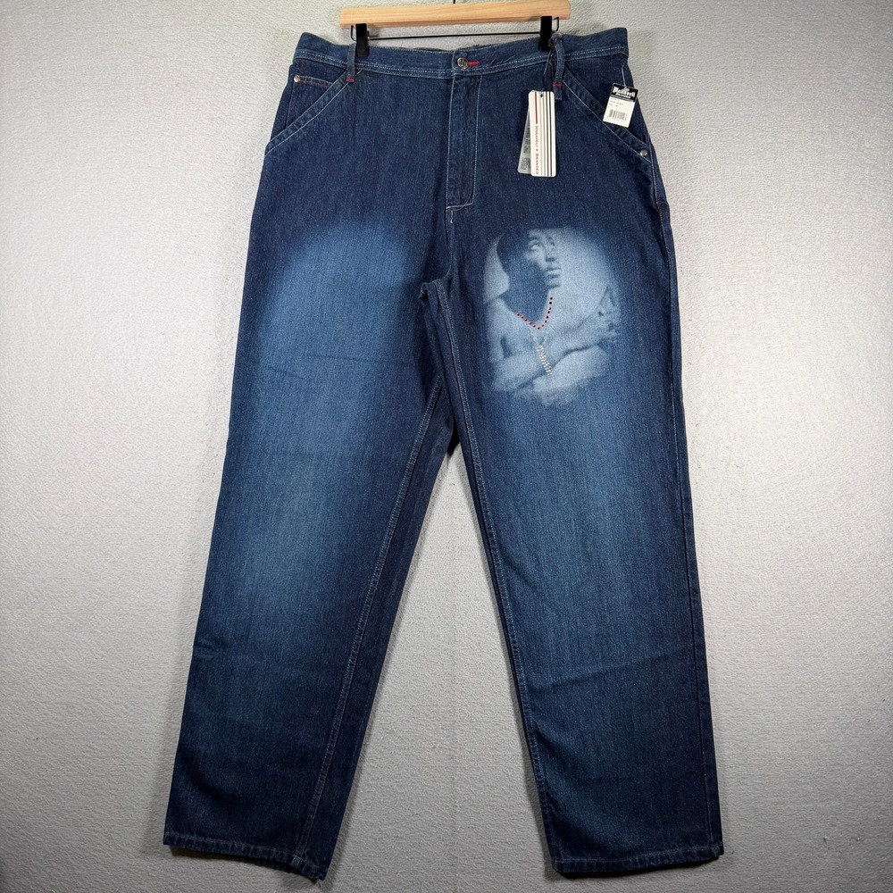 Vintage Makaveli Branded Mens‎ Dark Wash Denim Jeans Graphic Print 40 Y2K